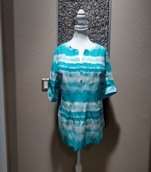 J. Jill Teal and White Tie Dye Striped Tunic Henley Top with Convertible Sleeves